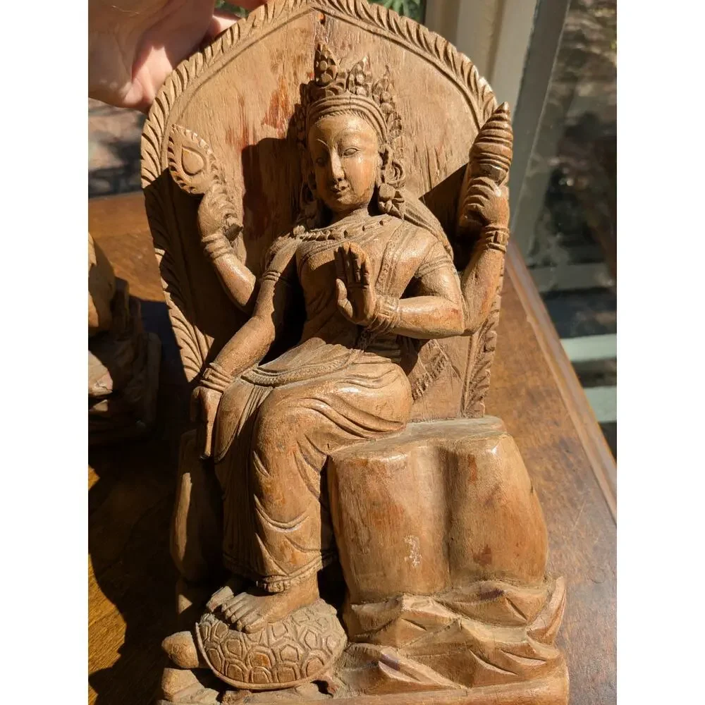 Pair Vintage Hand-Carved Wood Indian Goddess - Saraswati & Gayatri - 12